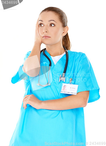 Image of Young beautiful doctor is worried