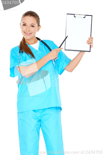 Image of Smiling doctor with a blank clipboard