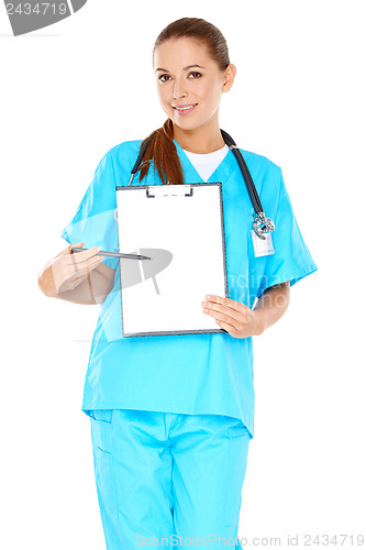 Image of Smiling doctor with a blank clipboard