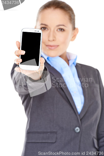 Image of Businesswoman displaying her mobile phone