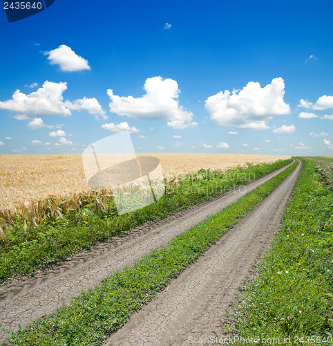 Image of road in green field under beautiful blue sky