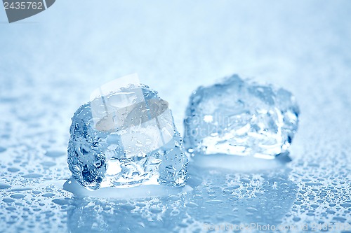 Image of ice cubes on a wet light blue background