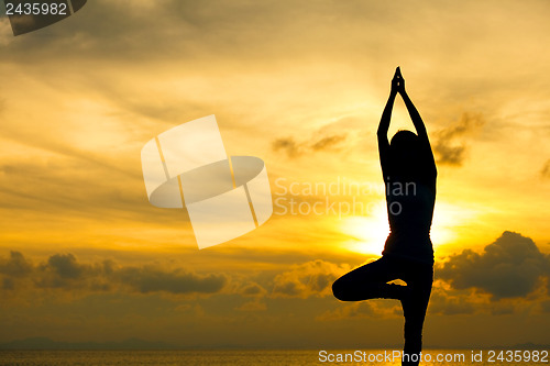 Image of Silhouette of beautiful Yoga woman in morning