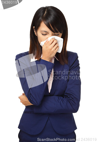 Image of Cold sneezing asian business woman