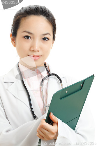 Image of Asian woman doctor with writing pad