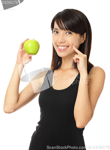 Image of Asian woman with green apple and toothy smile