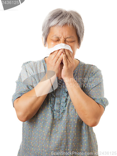 Image of Sneezing asian elderly woman