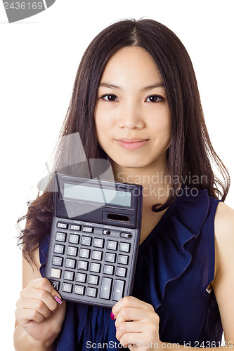 Image of Asian woman holding calculator
