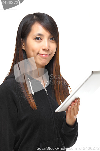 Image of woman with tablet isolated on white background