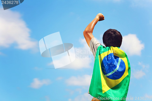 Image of Excited man holding brazil flag