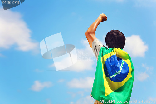 Image of Excited man holding brazil flag