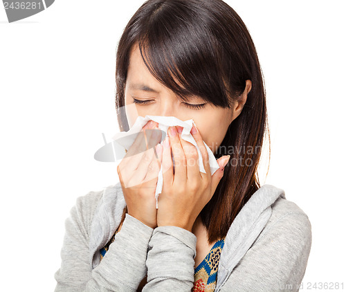 Image of Sneezing woman isolated over white background