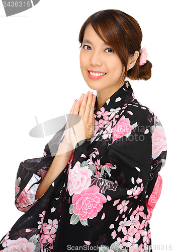Image of Young woman wearing Japanese kimono