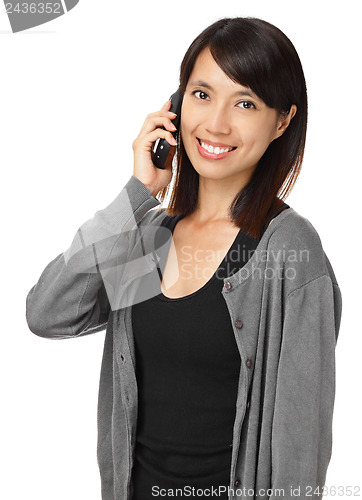 Image of Asian woman with phone call isolated on white background