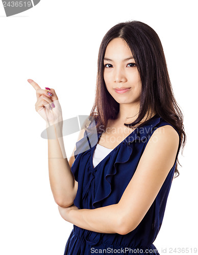 Image of Asian woman pointing a side