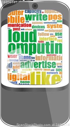 Image of Smartphone with application icons and socila media words