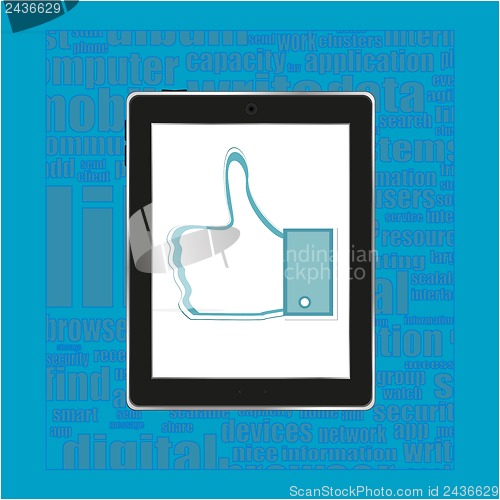 Image of Abstract thumb up like hand symbol on tablet computer pc