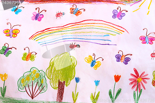 Image of Children's drawing with butterflies and flowers