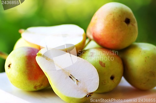Image of Ripe pears on table
