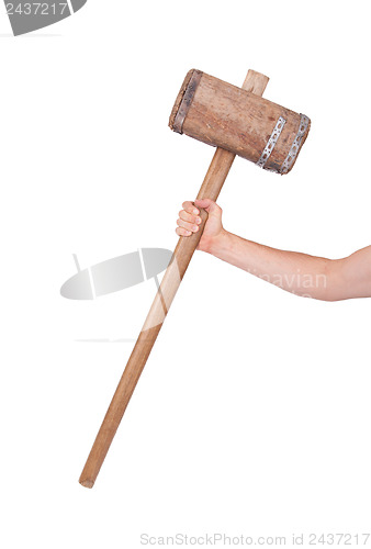 Image of Man with very old wooden hammer isolated 