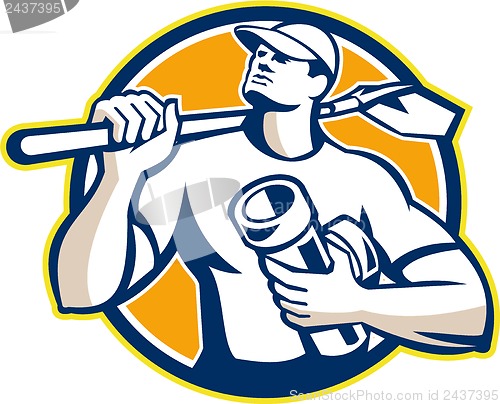 Image of Drainlayer Worker Shovel Pipe Circle Retro