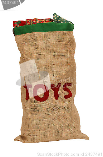 Image of Hessian toy sack stuffed full with Christmas presents