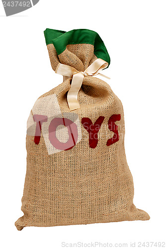 Image of Santa's hessian sack full of toys and tied with satin ribbon