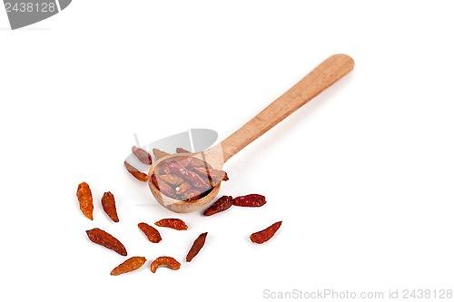 Image of red chili peppers in wooden spoon 