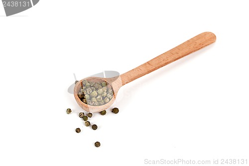 Image of green pepper in wooden spoon