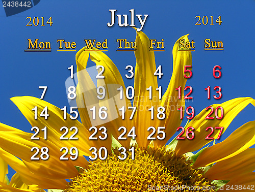 Image of calendar for the July of 2014