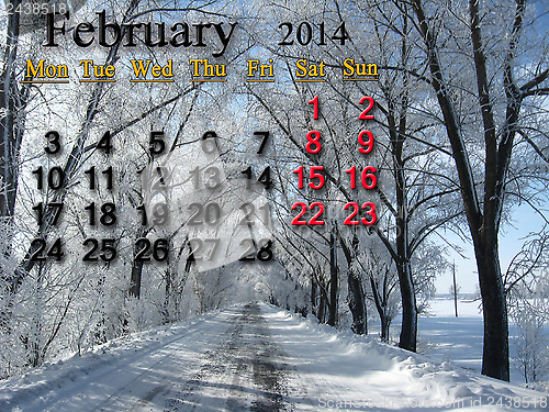 Image of calendar for February of 2014 with winter