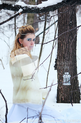 Image of Portrait of beautiful girl in the winter forest