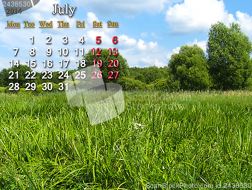 Image of calendar for the July of 2014 with summer