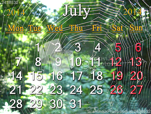 Image of calendar for the July of 2014 with spider's web