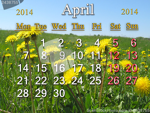 Image of calendar for the April of 2014 year