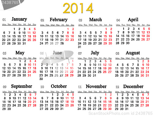 Image of calendar for 2014 year