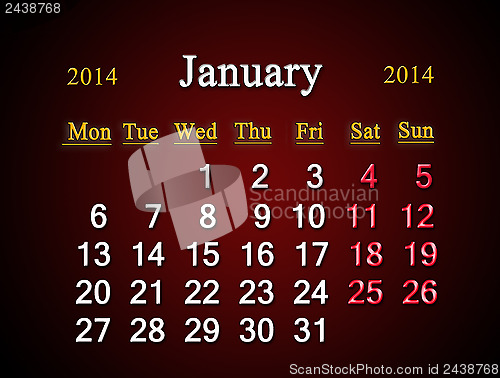 Image of calendar for the January of 2014