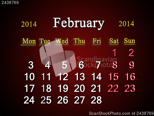 Image of calendar for the February of 2014