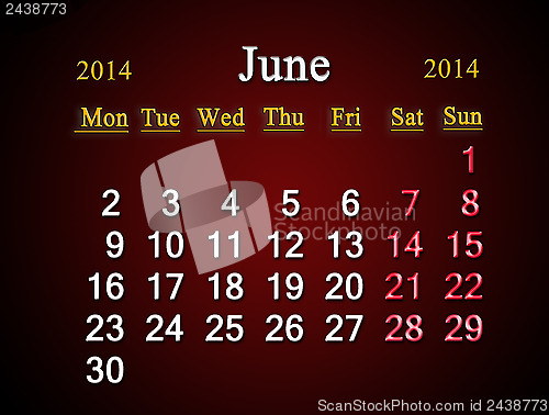Image of calendar for the June of 2014