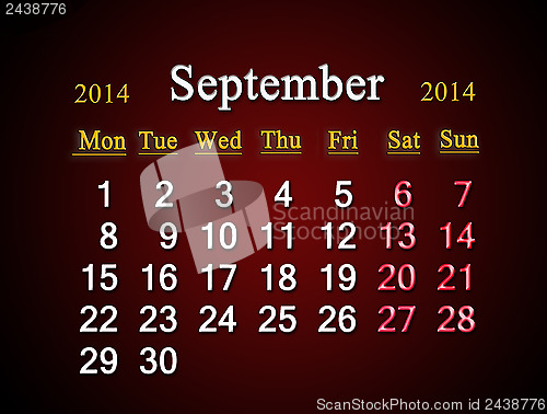 Image of calendar for the September of 2014