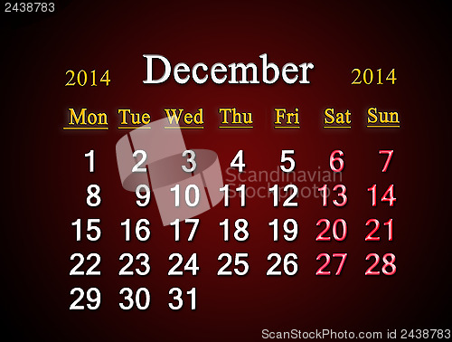 Image of calendar for the December of 2014