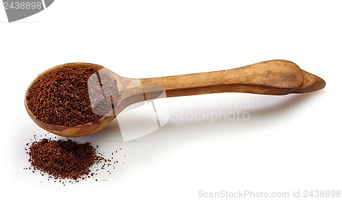 Image of wooden scoop with ground coffee