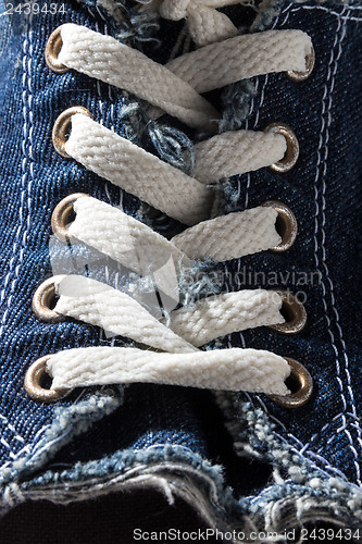 Image of Close-up of denim shoe laces