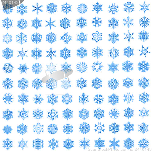 Image of Set of 100 unique, blue snowflakes in fractal style