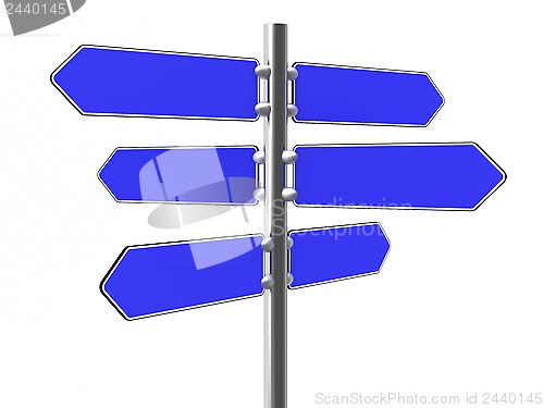 Image of Blank blue direction signs on a metal column