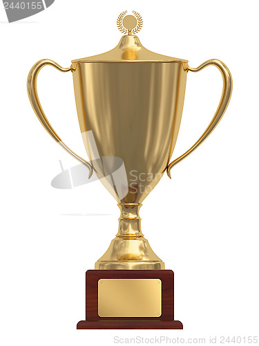 Image of Gold trophy cup on wood pedestal