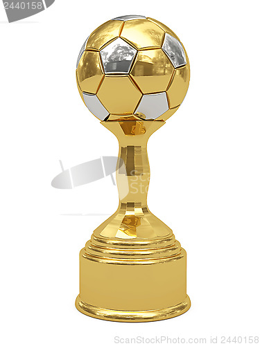 Image of Golden soccer ball trophy on pedestal