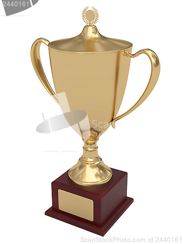 Image of Gold trophy cup on wood pedestal