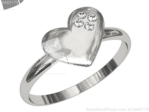Image of Platinum or silver ring in the shape of heart with diamonds