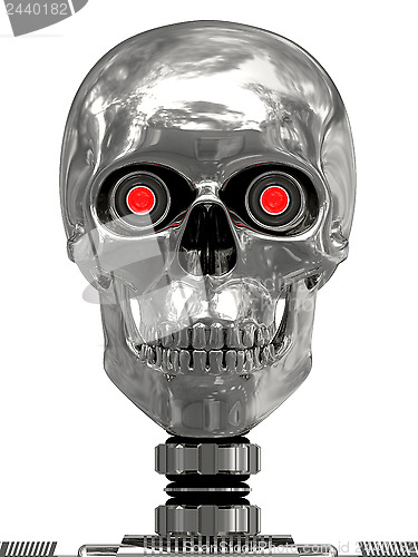 Image of Metallic cyborg head with red eyes